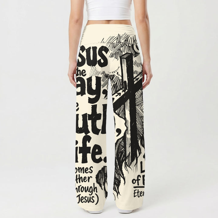 Christianartworkshop Gesù la Via Verità Vita Croce incisa Scrittura Testo in grassetto Stampa integrale Vita alta elasticizzata Pantaloni da donna a gamba larga - image 2