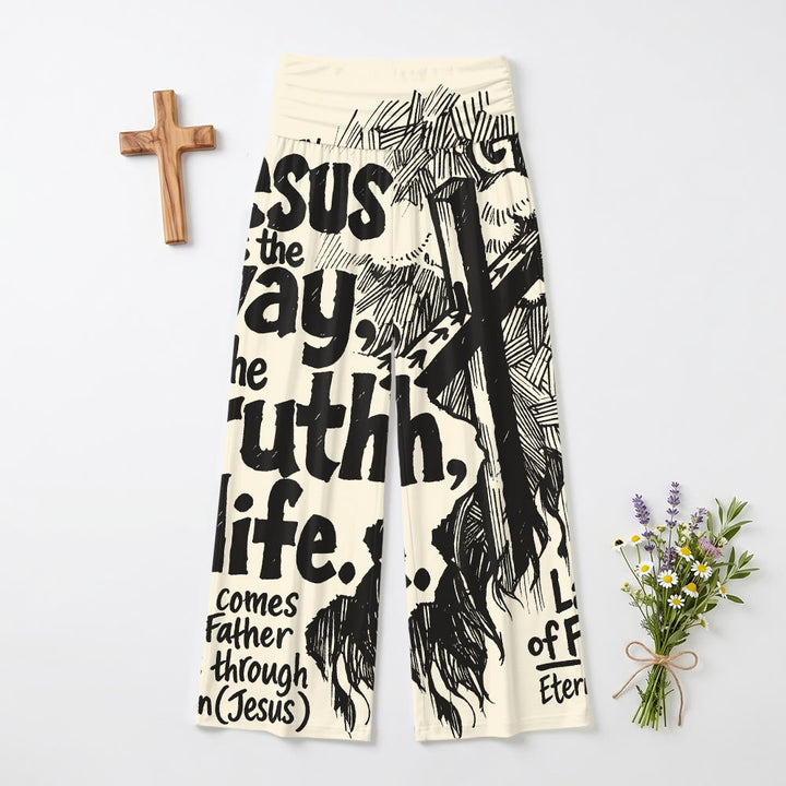 Christianartworkshop Gesù la Via Verità Vita Croce incisa Scrittura Testo in grassetto Stampa integrale Vita alta elasticizzata Pantaloni da donna a gamba larga - US22,UK/AU26,EU54 - image 0