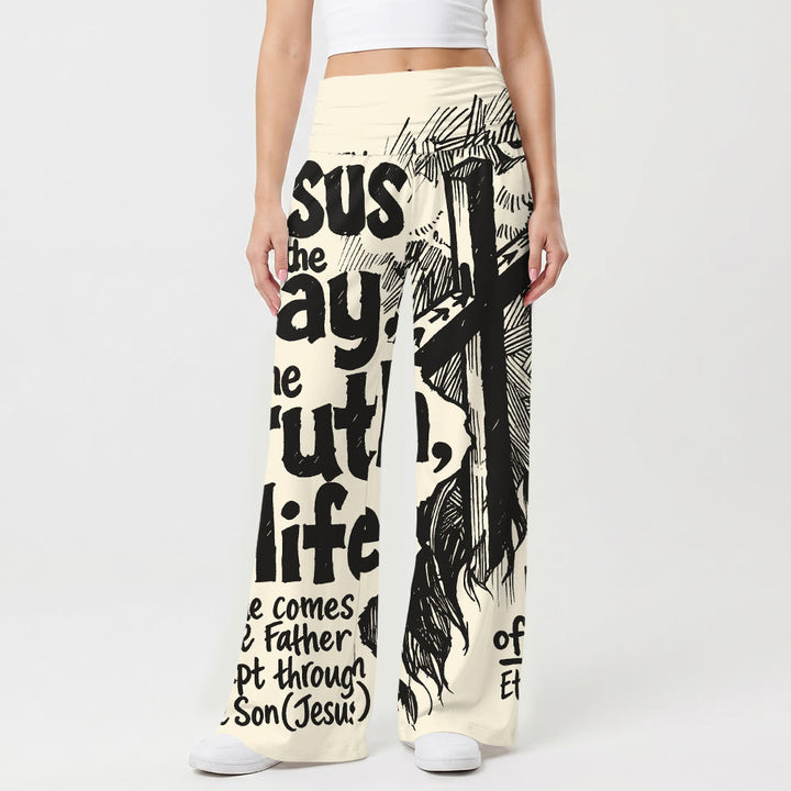 Christianartworkshop Gesù la Via Verità Vita Croce incisa Scrittura Testo in grassetto Stampa integrale Vita alta elasticizzata Pantaloni da donna a gamba larga - image 1