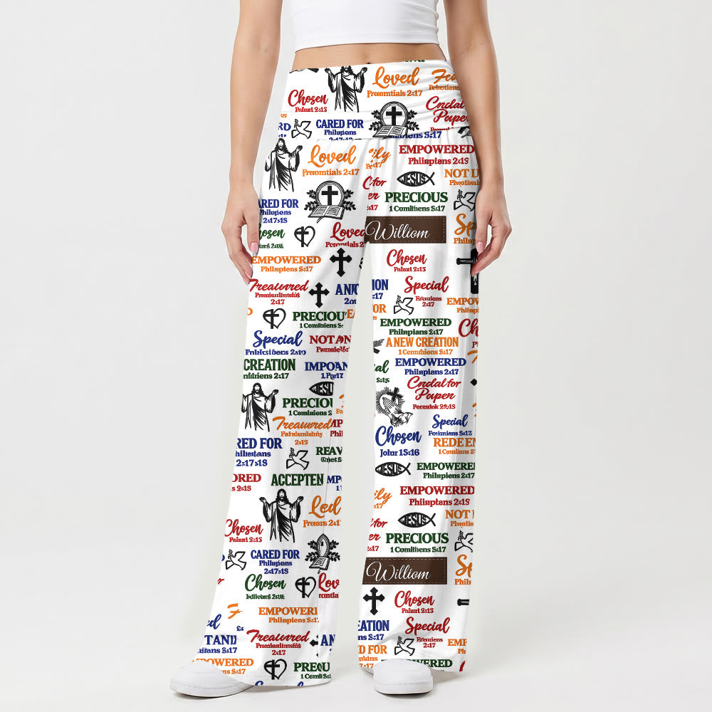 Christianartworkshop Pantaloni da donna a gamba larga con elastico in vita e stampe assortite di motivi biblici e icone, ideali per uno stile casual e devozionale. - image 1