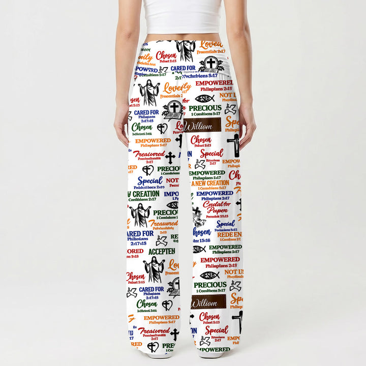 Christianartworkshop Pantaloni da donna a gamba larga con elastico in vita e stampe assortite di motivi biblici e icone, ideali per uno stile casual e devozionale. - image 2