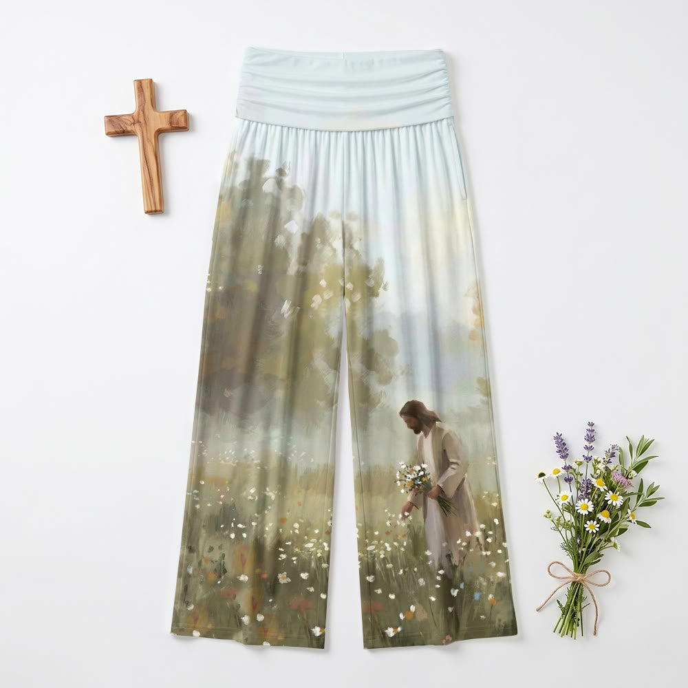 Christianartworkshop Pastorale Campo di fiori selvatici Gesù che raccoglie i fiori Stampa artistica a figura intera Pantaloni da donna a gamba larga morbidi e comodi - US22,UK/AU26,EU54 - image 0
