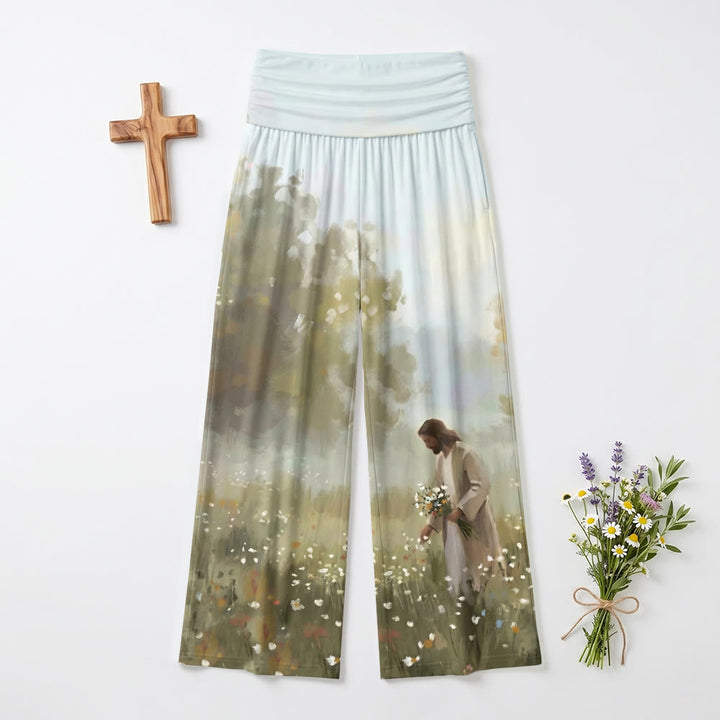 Christianartworkshop Pastorale Campo di fiori selvatici Gesù che raccoglie i fiori Stampa artistica a figura intera Pantaloni da donna a gamba larga morbidi e comodi - US22,UK/AU26,EU54 - image 0