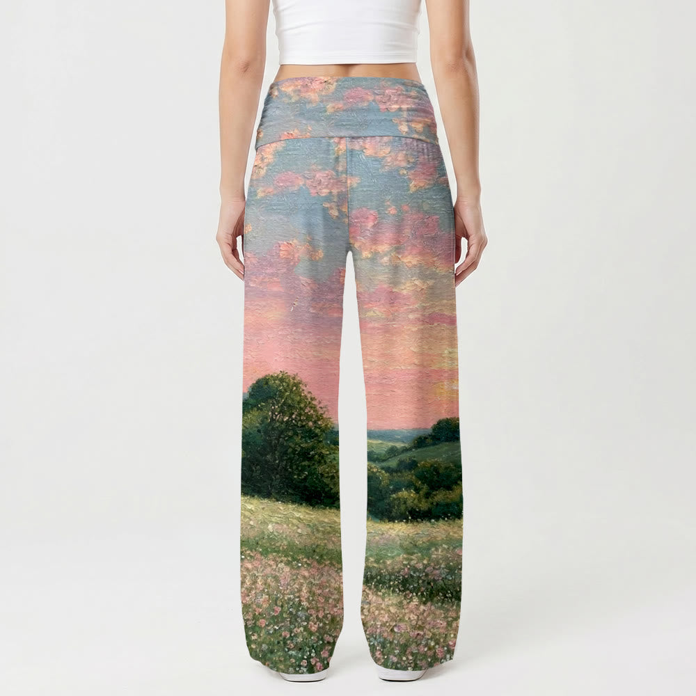 Christianartworkshop Gesù che cammina con il bambino, tramonto pastello, campagna, fiori selvatici, stampa su dipinto ad olio, vita alta, pantaloni da donna a gamba larga elasticizzati - image 2