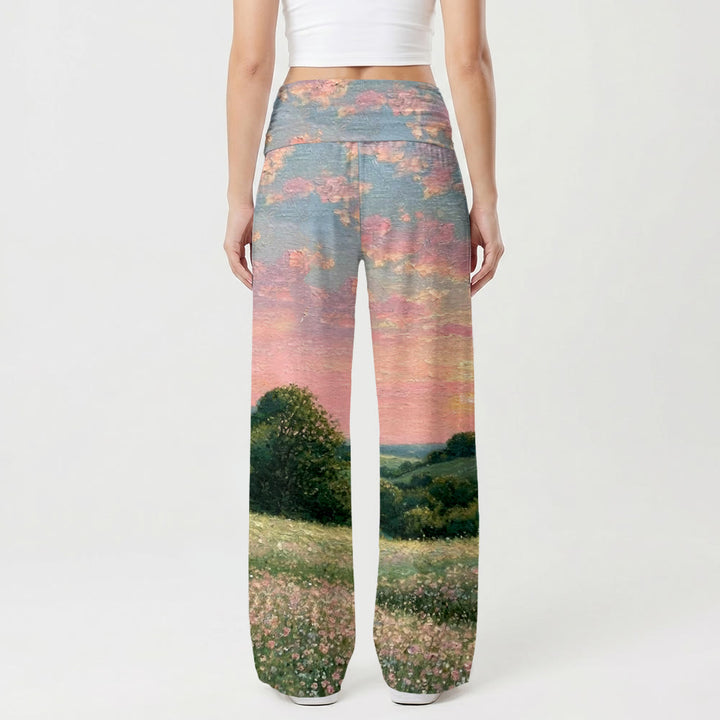 Christianartworkshop Gesù che cammina con il bambino, tramonto pastello, campagna, fiori selvatici, stampa su dipinto ad olio, vita alta, pantaloni da donna a gamba larga elasticizzati - image 2
