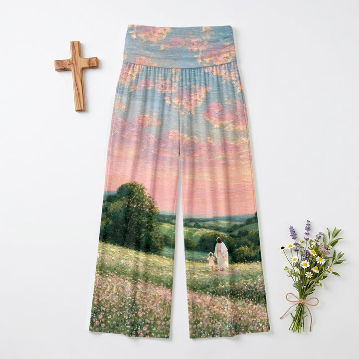 Christianartworkshop Gesù che cammina con il bambino, tramonto pastello, campagna, fiori selvatici, stampa su dipinto ad olio, vita alta, pantaloni da donna a gamba larga elasticizzati - US22,UK/AU26,EU54 - image 0