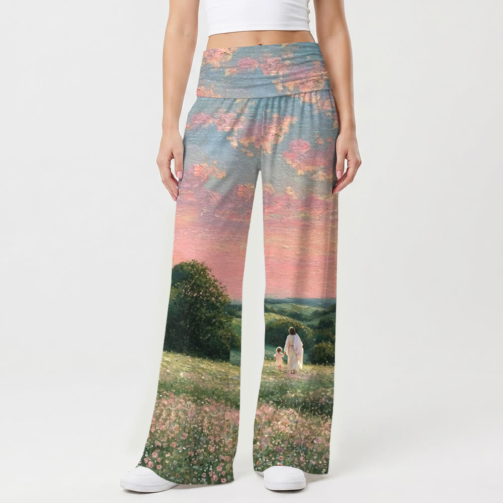 Christianartworkshop Gesù che cammina con il bambino, tramonto pastello, campagna, fiori selvatici, stampa su dipinto ad olio, vita alta, pantaloni da donna a gamba larga elasticizzati - image 1