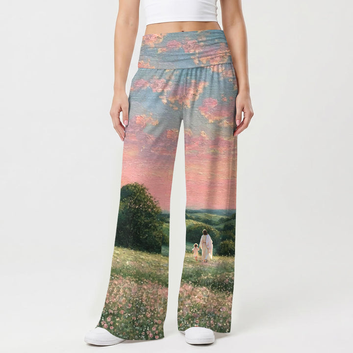 Christianartworkshop Gesù che cammina con il bambino, tramonto pastello, campagna, fiori selvatici, stampa su dipinto ad olio, vita alta, pantaloni da donna a gamba larga elasticizzati - image 1