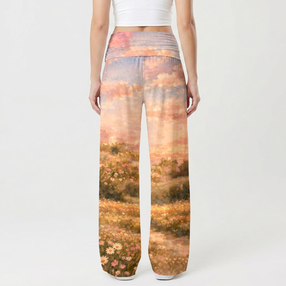 Christianartworkshop Pantaloni da donna a gamba larga elasticizzati a vita alta con stampa "Jesus And Lamb Pastel Sunset Wildflower Hills Impression Oil Print" e motivo a tramonto pastello. - image 2