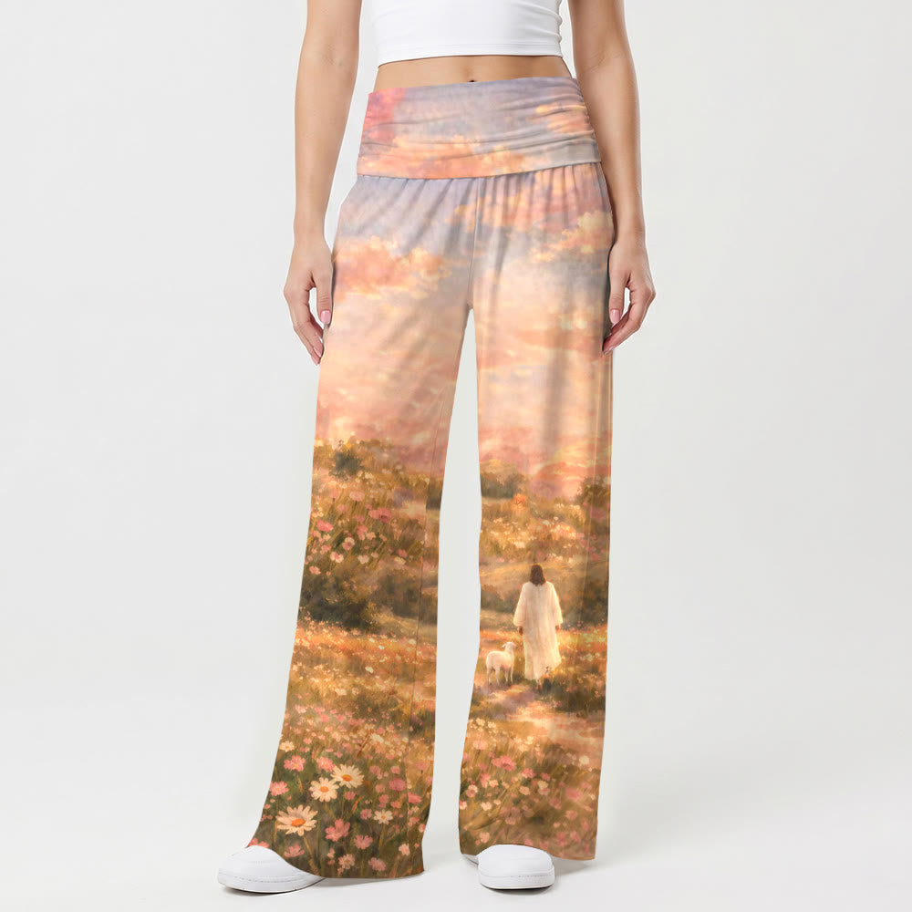 Christianartworkshop Pantaloni da donna a gamba larga elasticizzati a vita alta con stampa "Jesus And Lamb Pastel Sunset Wildflower Hills Impression Oil Print" e motivo a tramonto pastello. - image 1