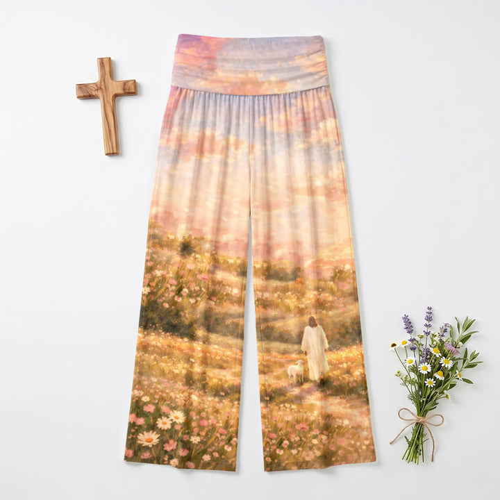 Christianartworkshop Pantaloni da donna a gamba larga elasticizzati a vita alta con stampa "Jesus And Lamb Pastel Sunset Wildflower Hills Impression Oil Print" e motivo a tramonto pastello. - US22,UK/AU26,EU54 - image 0