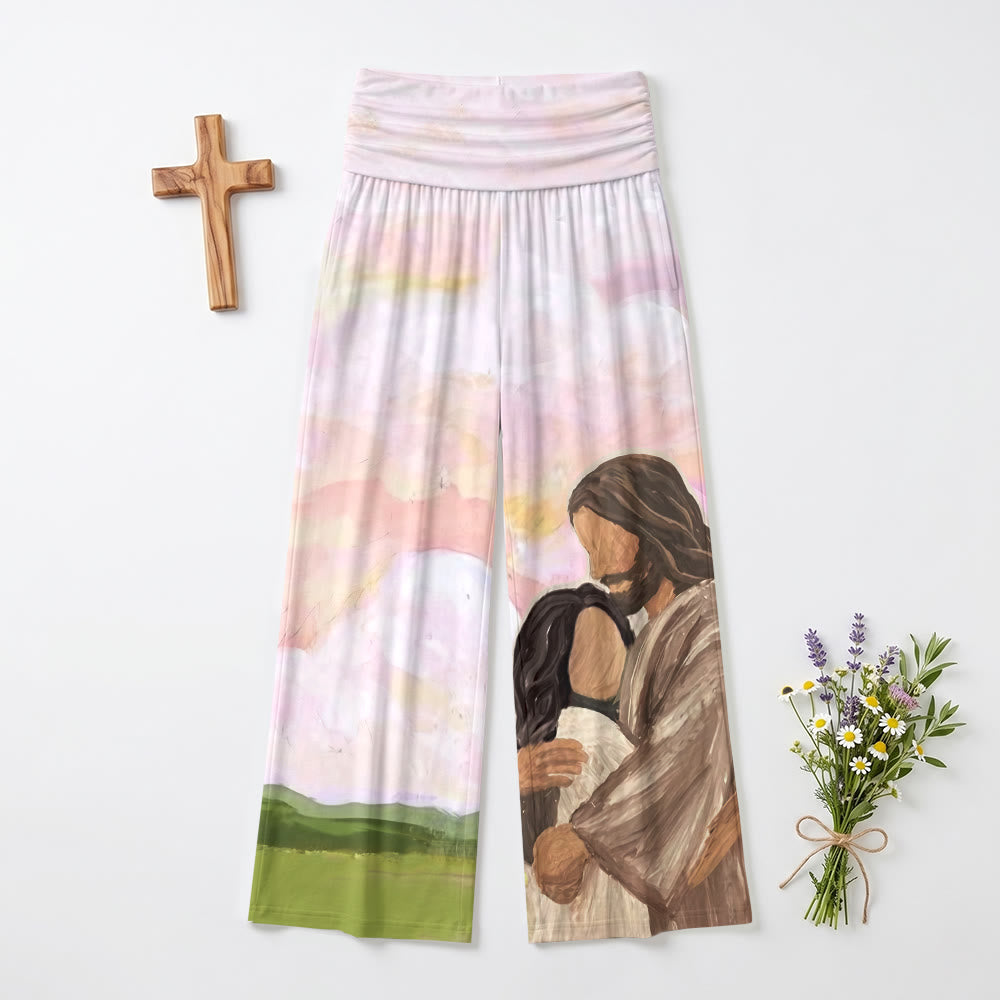Christianartworkshop Gesù caldo abbraccio morbido cielo verde colline stampa dipinto ad olio Vita alta elasticizzata Pantaloni da donna a gamba larga - US22,UK/AU26,EU54 (6XL) - image 0