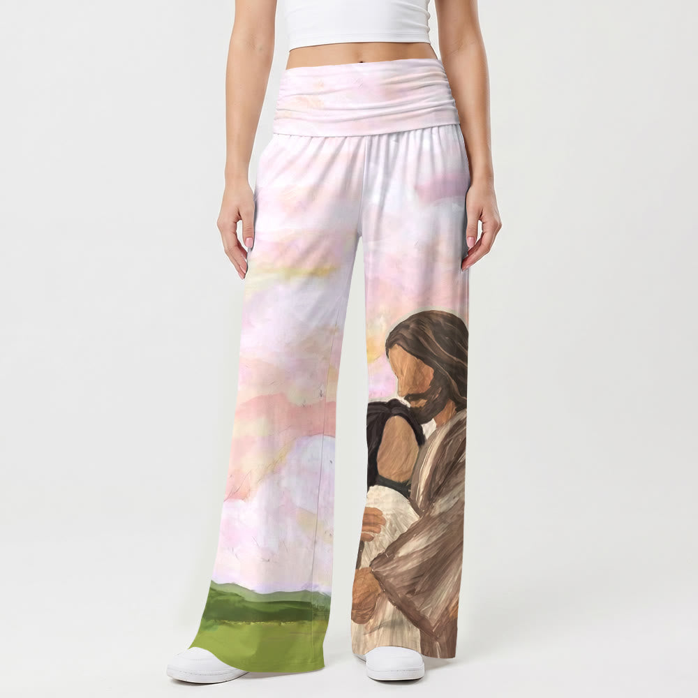 Christianartworkshop Gesù caldo abbraccio morbido cielo verde colline stampa dipinto ad olio Vita alta elasticizzata Pantaloni da donna a gamba larga - image 1