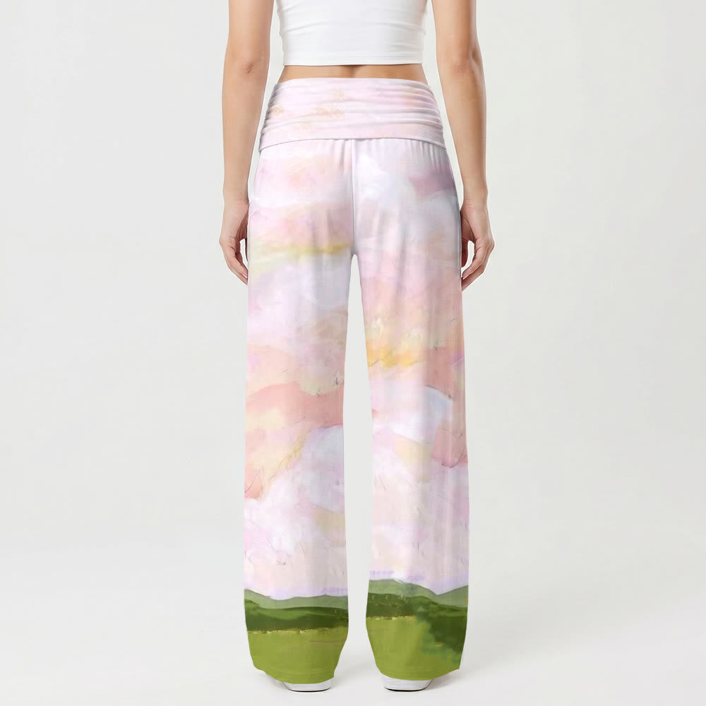 Christianartworkshop Gesù caldo abbraccio morbido cielo verde colline stampa dipinto ad olio Vita alta elasticizzata Pantaloni da donna a gamba larga - image 2