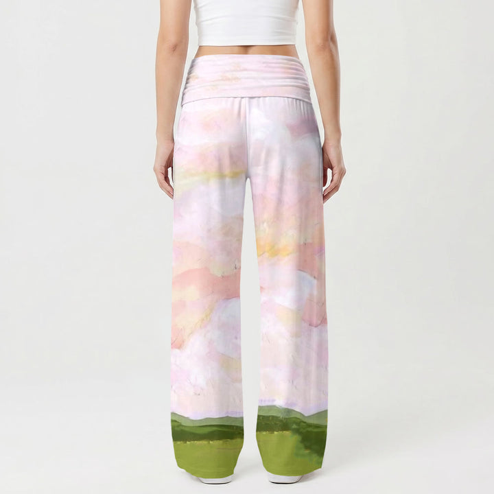 Christianartworkshop Gesù caldo abbraccio morbido cielo verde colline stampa dipinto ad olio Vita alta elasticizzata Pantaloni da donna a gamba larga - image 2