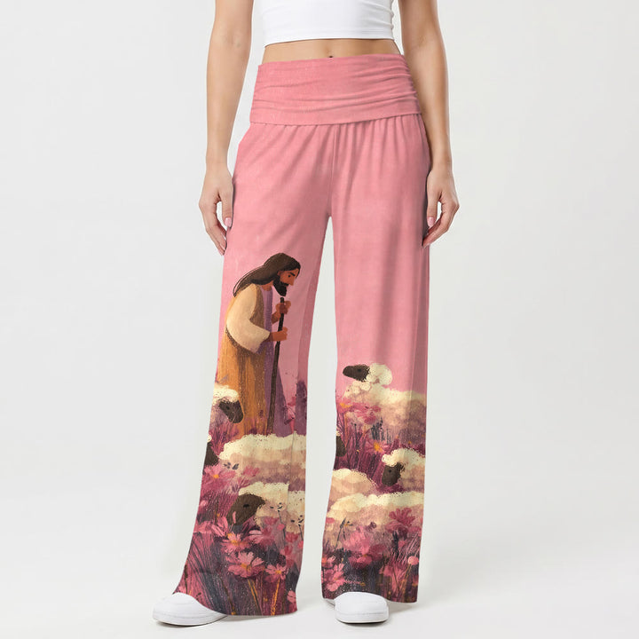 Christianartworkshop Pantaloni da donna a gamba larga con elastico in vita e stampa floreale "Pastorale Gesù Pastore Campo Floreale" con motivo a cartoni animati e scritta "Fede Casual". - image 1