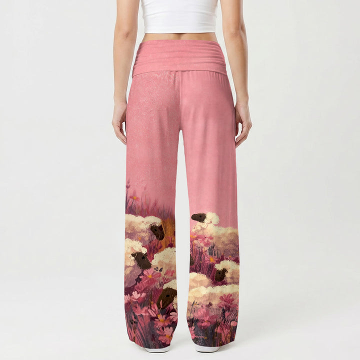 Christianartworkshop Pantaloni da donna a gamba larga con elastico in vita e stampa floreale "Pastorale Gesù Pastore Campo Floreale" con motivo a cartoni animati e scritta "Fede Casual". - image 2