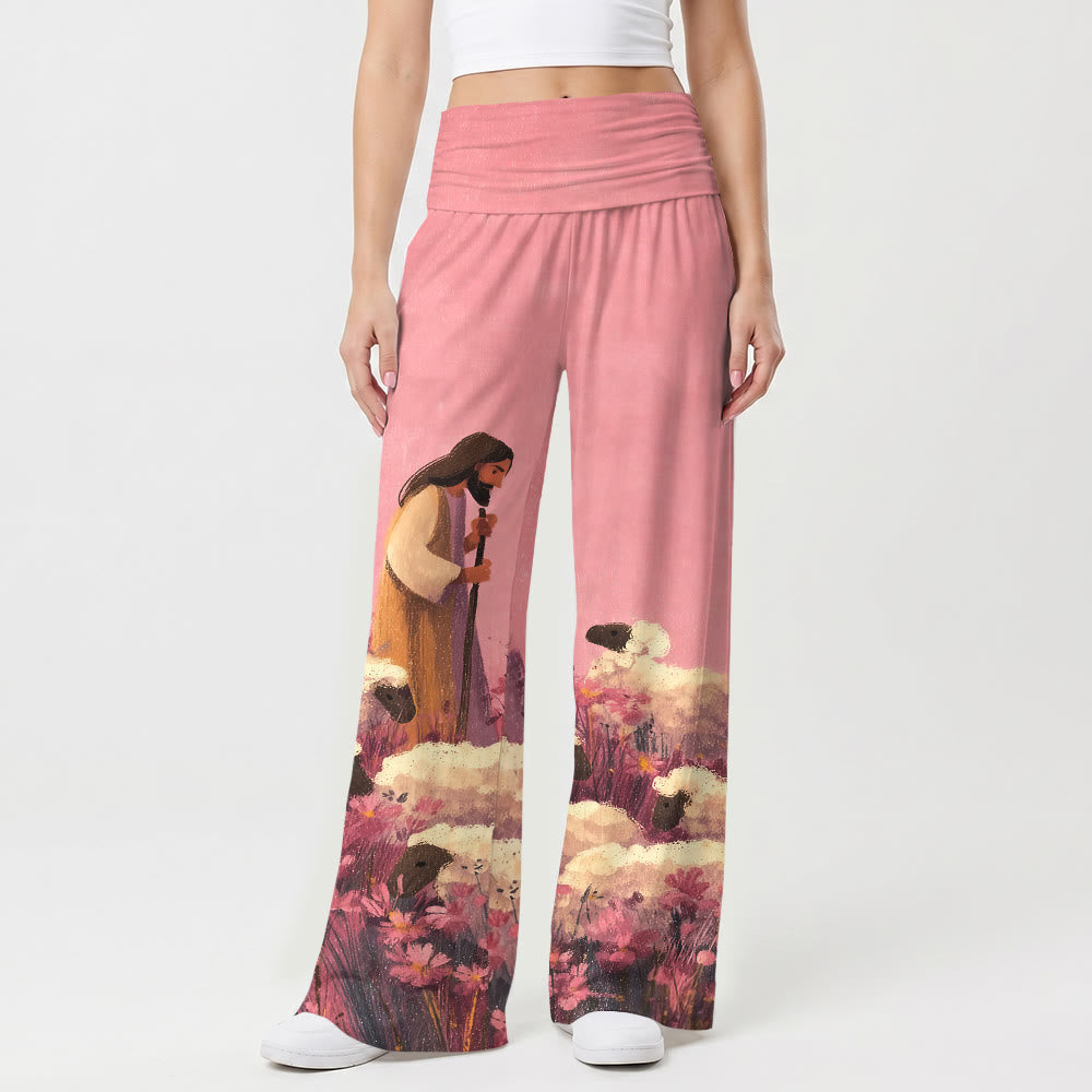 Christianartworkshop Pantaloni da donna a gamba larga con elastico in vita e stampa pastorale di Gesù pastore in un campo floreale, stile cartone animato, casual, a tema fede. - image 1