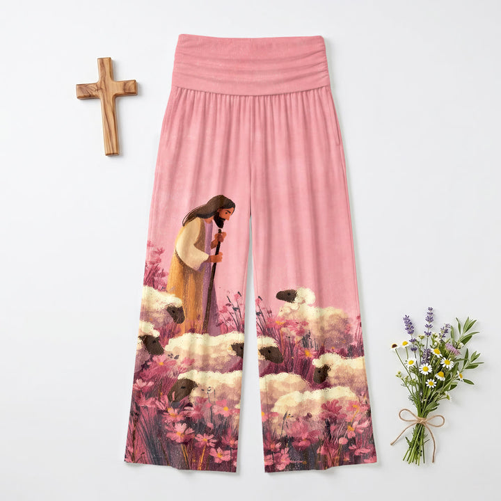 Christianartworkshop Pantaloni da donna a gamba larga con elastico in vita e stampa floreale "Pastorale Gesù Pastore Campo Floreale" con motivo a cartoni animati e scritta "Fede Casual". - US22,UK/AU26,EU54 - image 0
