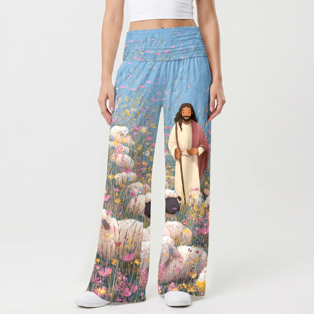 Christianartworkshop Buon Pastore Gesù Multicolore Fiori Selvatici Cielo Azzurro Cartone Animato Stampa ad Olio Vita Alta Elasticizzata Pantaloni da Donna Gamba Ampia - image 1