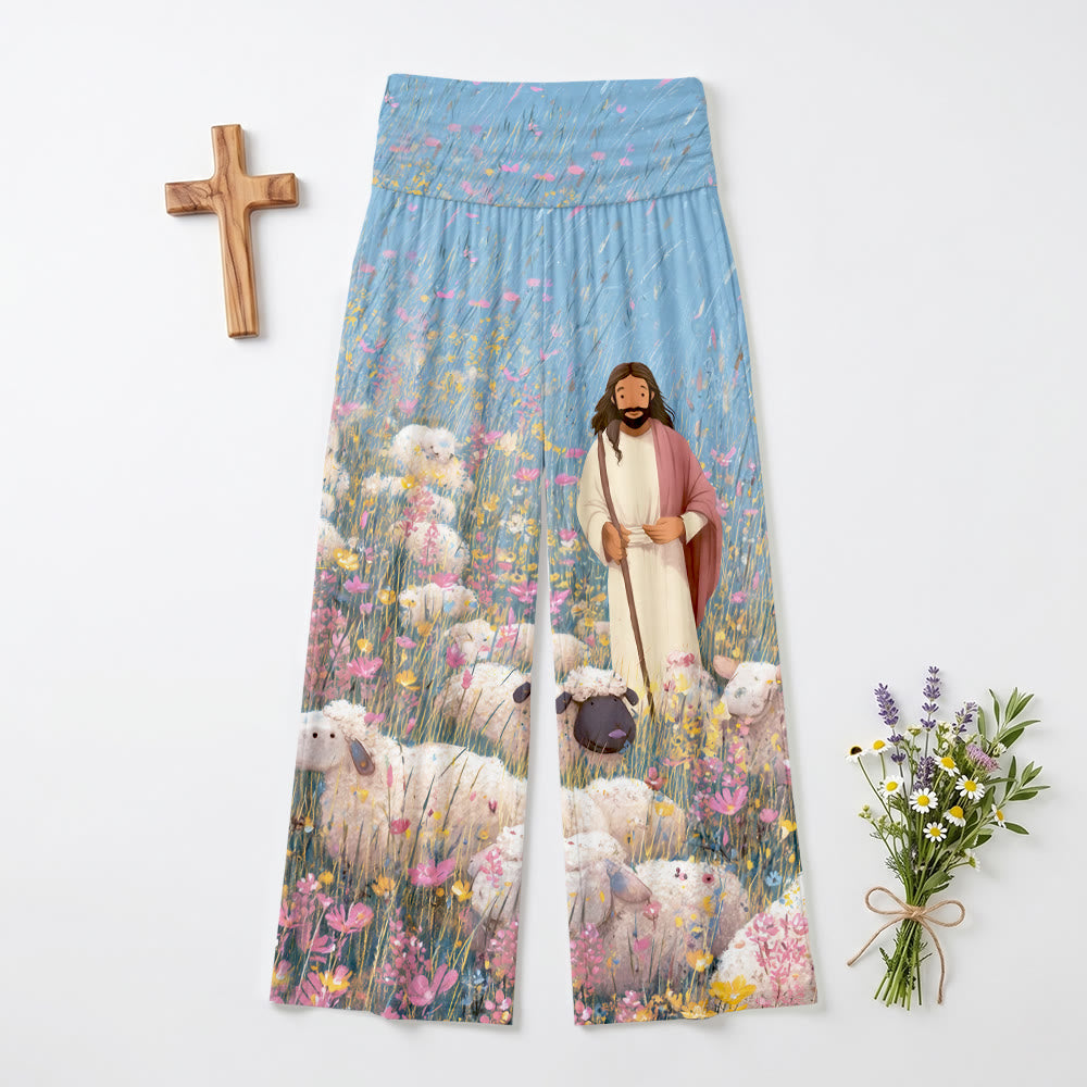 Christianartworkshop Buon Pastore Gesù Multicolore Fiori Selvatici Cielo Azzurro Cartone Animato Stampa ad Olio Vita Alta Elasticizzata Pantaloni da Donna Gamba Ampia - US22,UK/AU26,EU54 (6XL) - image 0