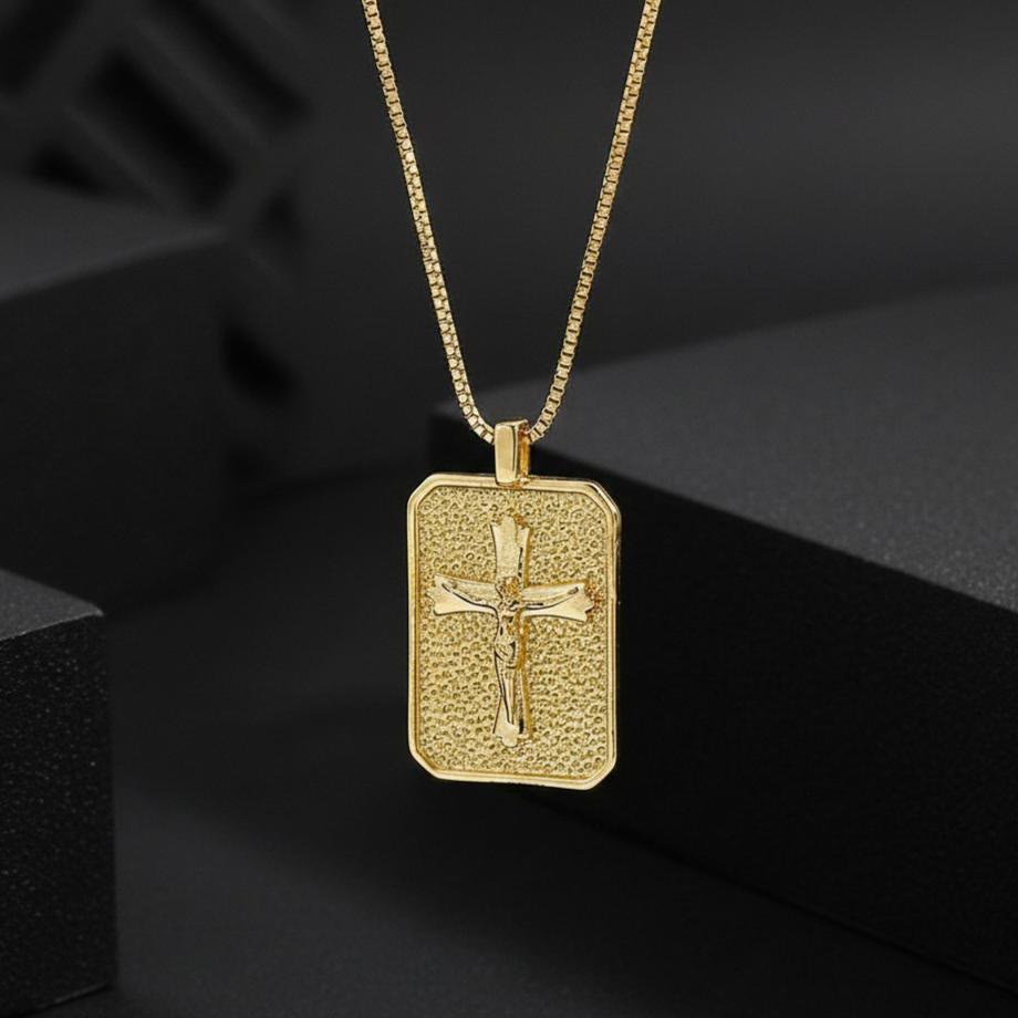 Christianartworkshop Collana con medaglione rettangolare testurizzato e crocifisso della Madonna: emblema senza tempo di sacra devozione misericordiosa. - image 6