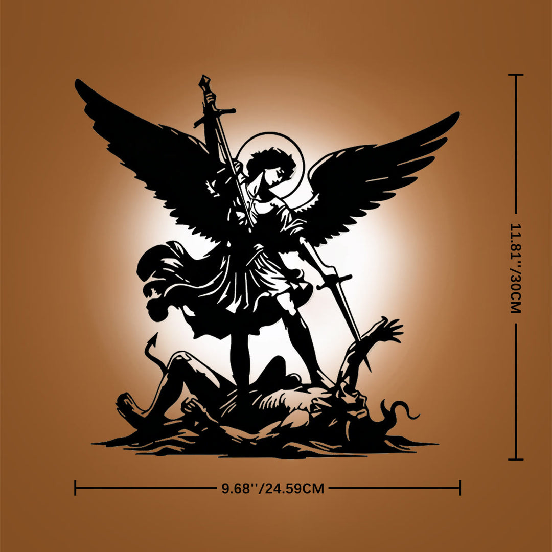 Christianartworkshop Decorazione murale in metallo con la silhouette dell'arcangelo Michele che sconfigge il male: emblema senza tempo di sacra vittoria spirituale. - 11,81''*9,68''*0,04''/30cm*24,59cm*0,1cm - image 4