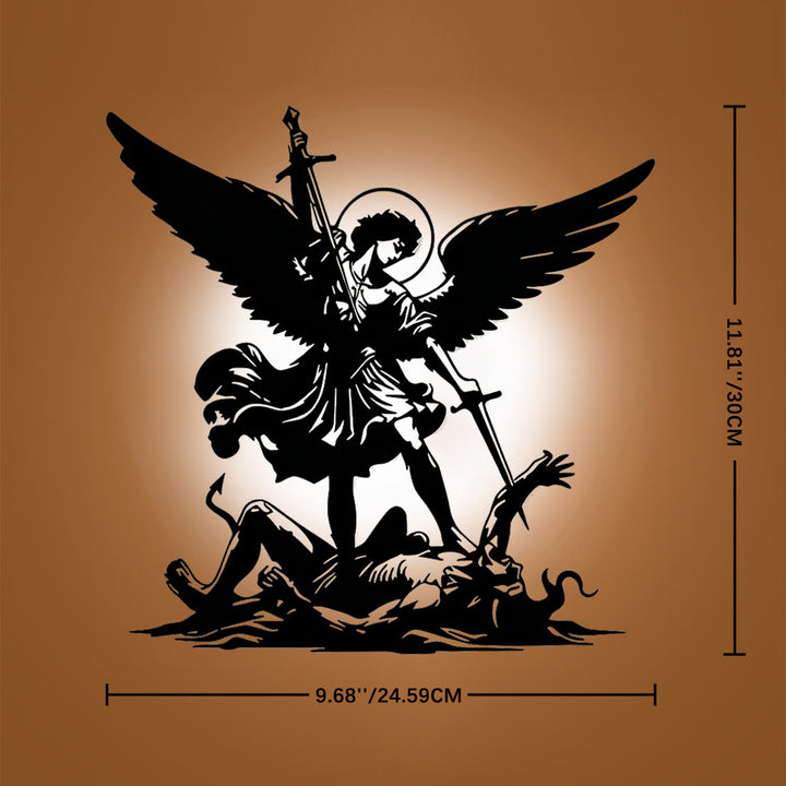 Christianartworkshop Decorazione murale in metallo con la silhouette dell'arcangelo Michele che sconfigge il male: emblema senza tempo di sacra vittoria spirituale. - 11,81''*9,68''*0,04''/30cm*24,59cm*0,1cm - image 4