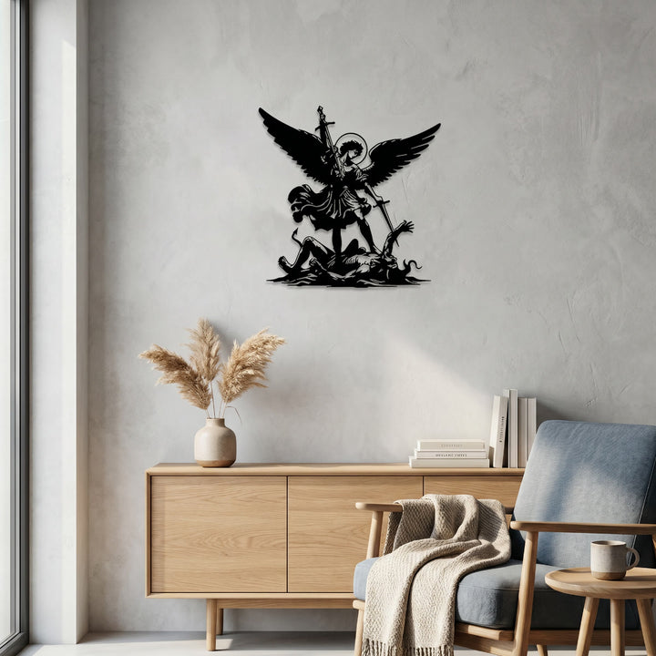Christianartworkshop Decorazione murale in metallo con la silhouette dell'arcangelo Michele che sconfigge il male: emblema senza tempo di sacra vittoria spirituale. - image 1