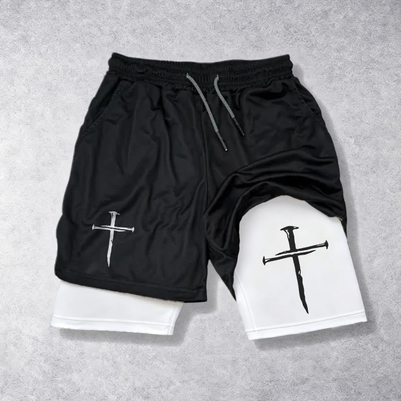 Christianartworkshop Pantaloncini sportivi Faith con coulisse e decorazione minimalista a doppio strato e croce di chiodi - Bianco - 3XL - image 0