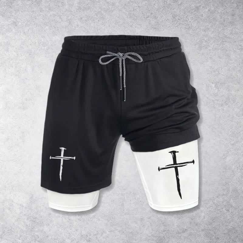 Christianartworkshop Pantaloncini sportivi Faith con coulisse e decorazione minimalista a doppio strato e croce di chiodi - image 1