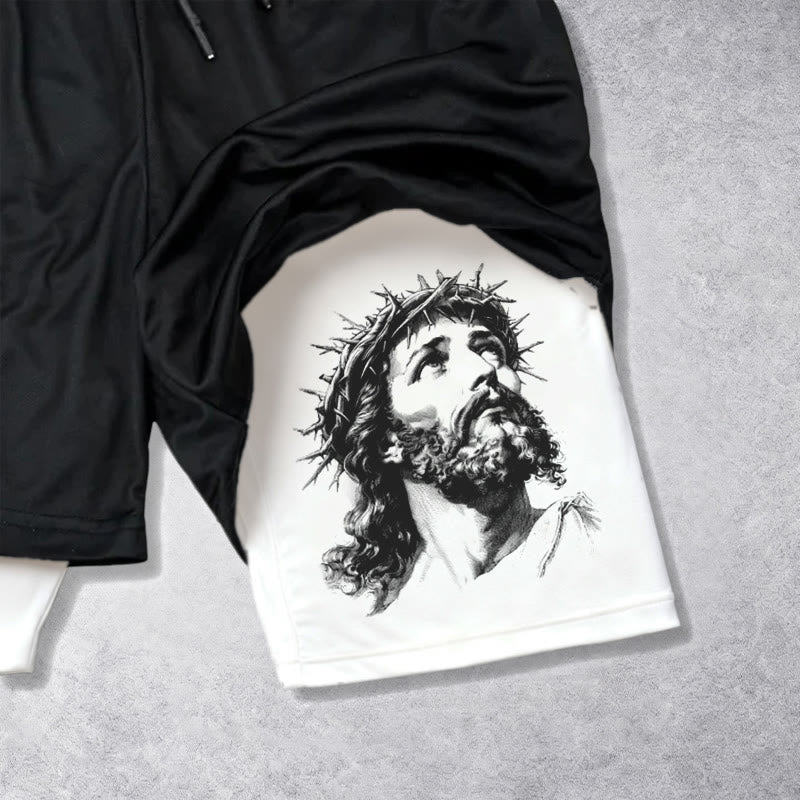 Christianartworkshop Dio mi sostiene, corona di spine, schizzo di Gesù, stampa doppia, coulisse, pantaloncini a strati con scritta "Fede". - image 3