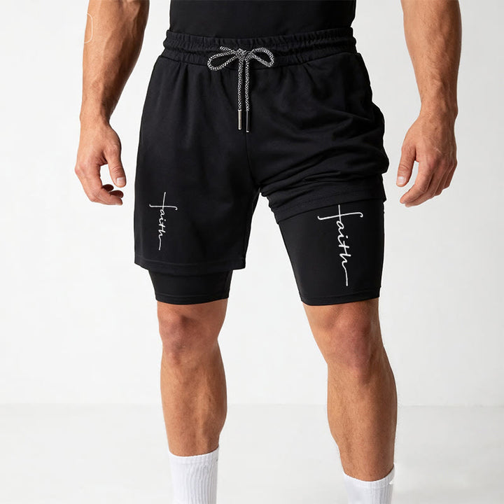 Christianartworkshop Pantaloncini sportivi a doppio strato con coulisse e scritta in corsivo "Faith Cross Integrated Script". - image 15