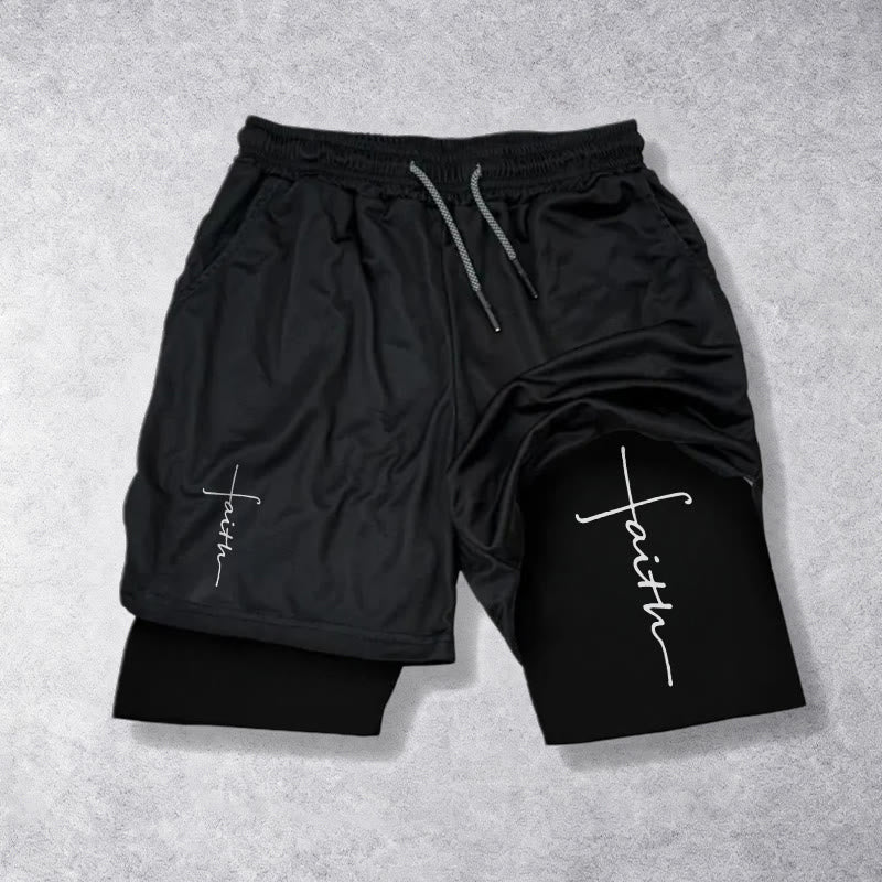 Christianartworkshop Pantaloncini sportivi a doppio strato con coulisse e scritta in corsivo "Faith Cross Integrated Script". - Nero - 3XL - image 9