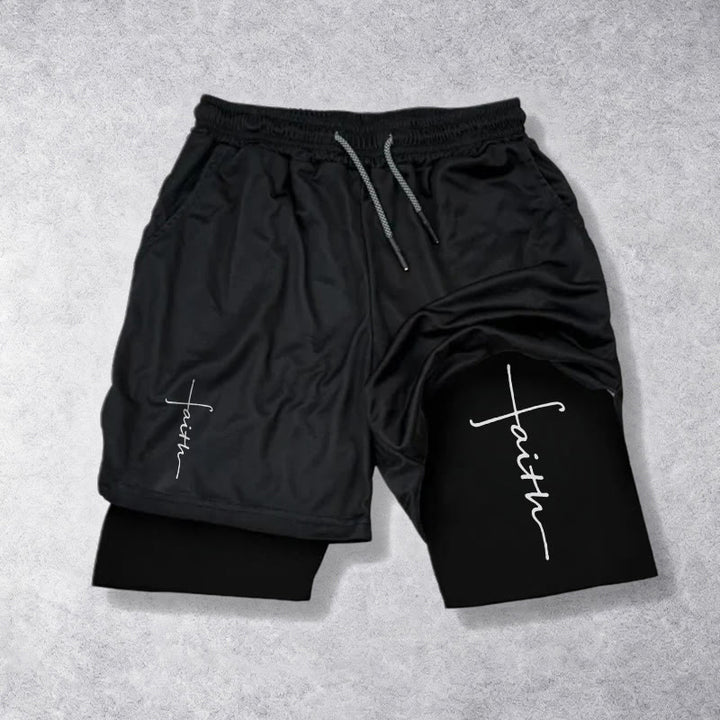 Christianartworkshop Pantaloncini sportivi a doppio strato con coulisse e scritta in corsivo "Faith Cross Integrated Script". - Nero - 3XL - image 9