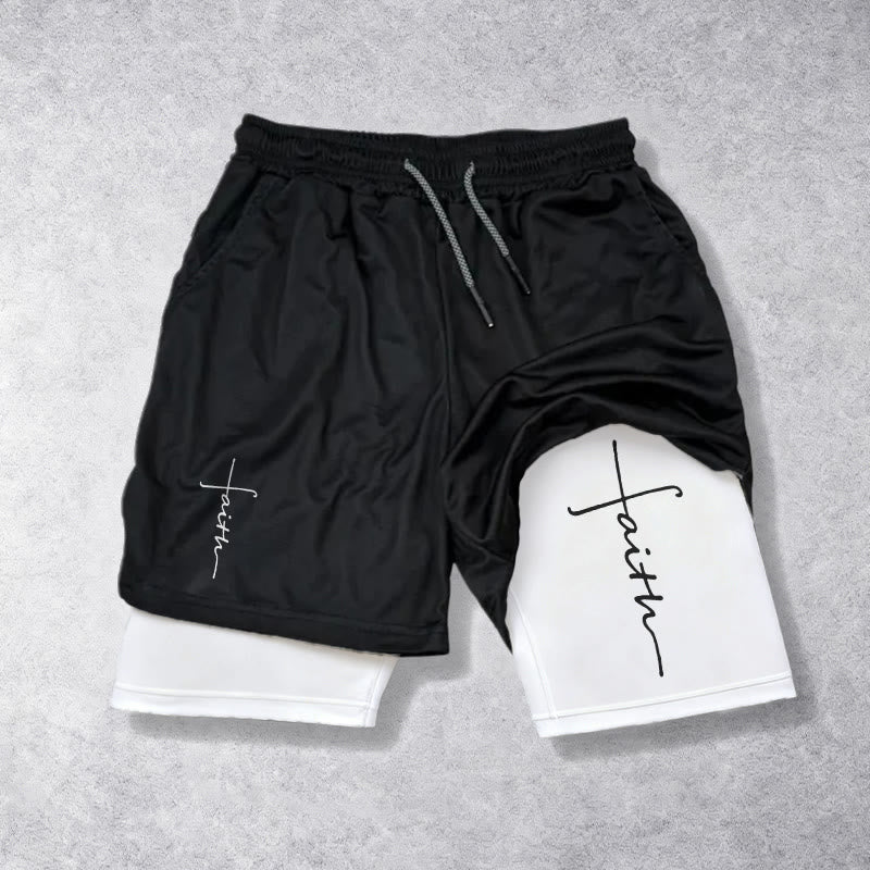 Christianartworkshop Pantaloncini sportivi a doppio strato con coulisse e scritta in corsivo "Faith Cross Integrated Script". - Bianco - 3XL - image 0
