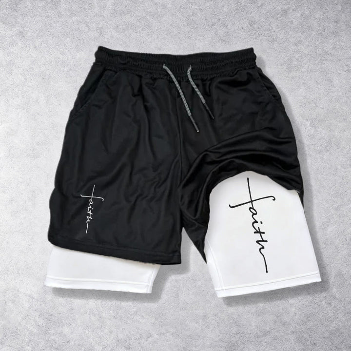 Christianartworkshop Pantaloncini sportivi a doppio strato con coulisse e scritta in corsivo "Faith Cross Integrated Script". - Bianco - 3XL - image 0