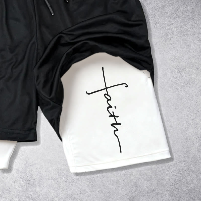 Christianartworkshop Pantaloncini sportivi a doppio strato con coulisse e scritta in corsivo "Faith Cross Integrated Script". - image 3