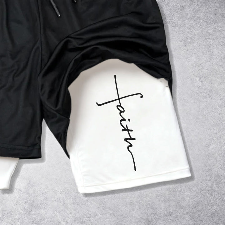 Christianartworkshop Pantaloncini sportivi a doppio strato con coulisse e scritta in corsivo "Faith Cross Integrated Script". - image 3