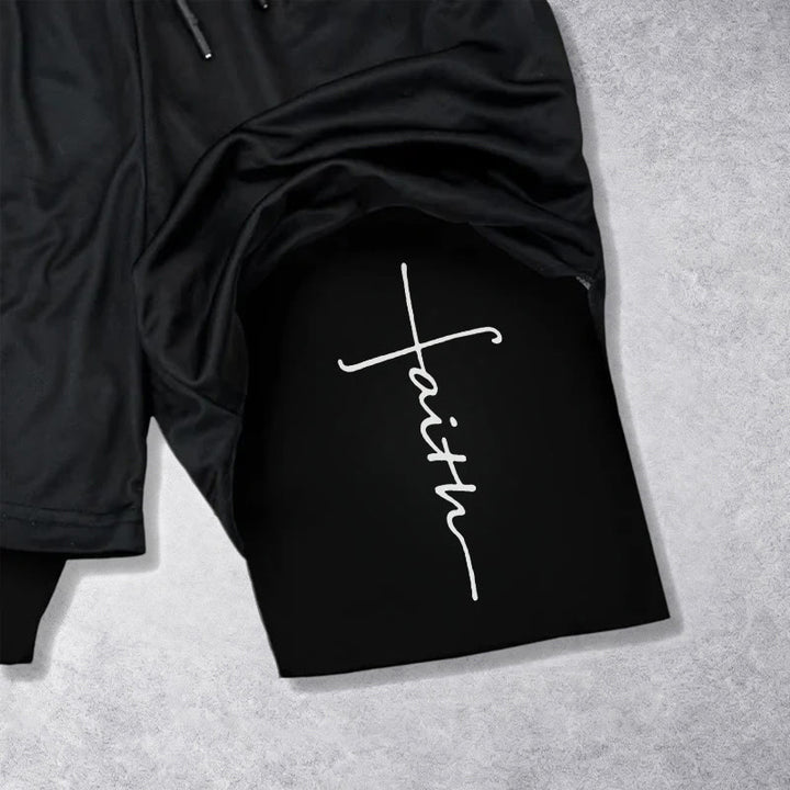 Christianartworkshop Pantaloncini sportivi a doppio strato con coulisse e scritta in corsivo "Faith Cross Integrated Script". - image 12
