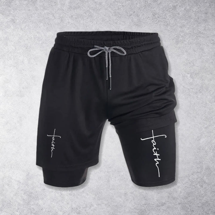 Christianartworkshop Pantaloncini sportivi a doppio strato con coulisse e scritta in corsivo "Faith Cross Integrated Script". - image 10