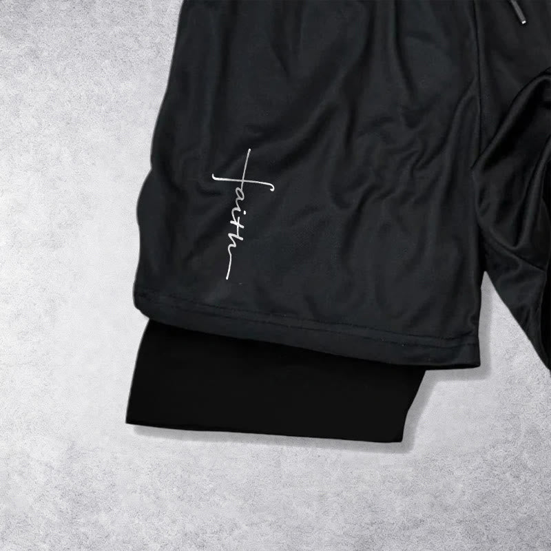 Christianartworkshop Pantaloncini sportivi a doppio strato con coulisse e scritta in corsivo "Faith Cross Integrated Script". - image 11