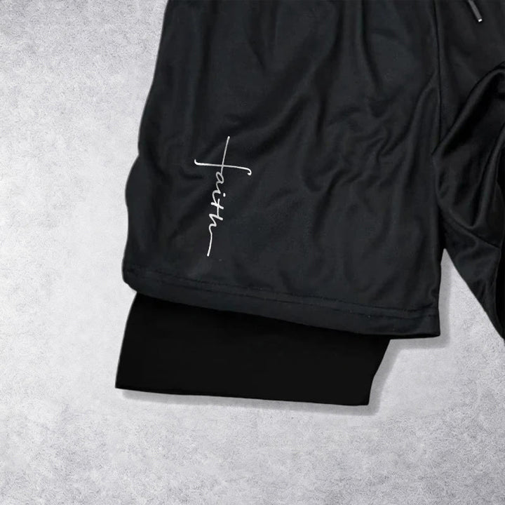 Christianartworkshop Pantaloncini sportivi a doppio strato con coulisse e scritta in corsivo "Faith Cross Integrated Script". - image 11