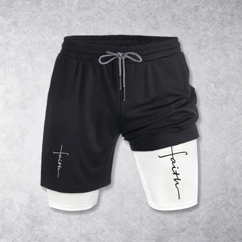 Christianartworkshop Pantaloncini sportivi a doppio strato con coulisse e scritta in corsivo "Faith Cross Integrated Script". - image 1