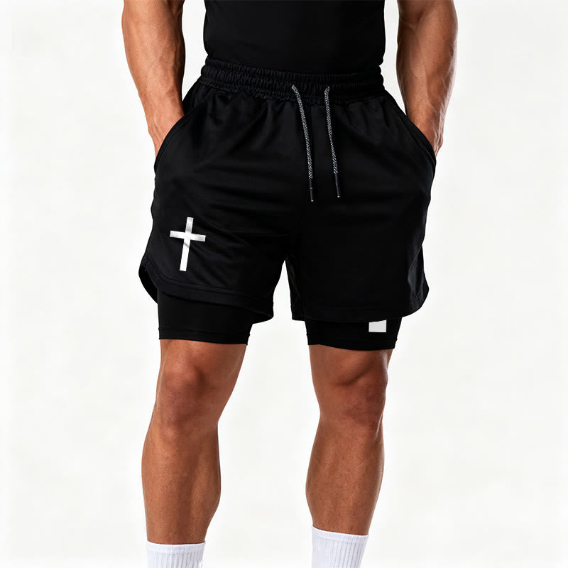 Christianartworkshop Pantaloncini sportivi a due strati con doppio simbolo di croce e motivi devozionali. - image 16