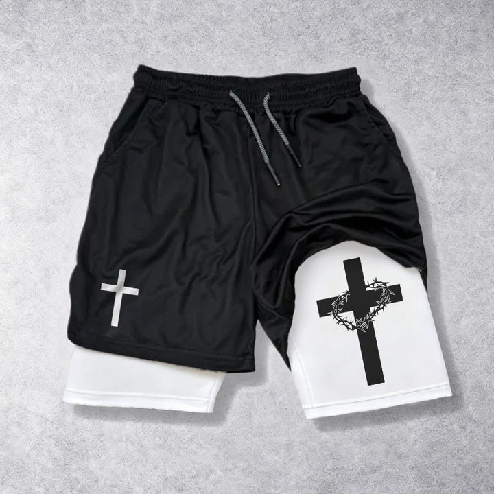 Christianartworkshop Pantaloncini sportivi a due strati con doppio simbolo di croce e motivi devozionali. - Bianco - 3XL - image 0
