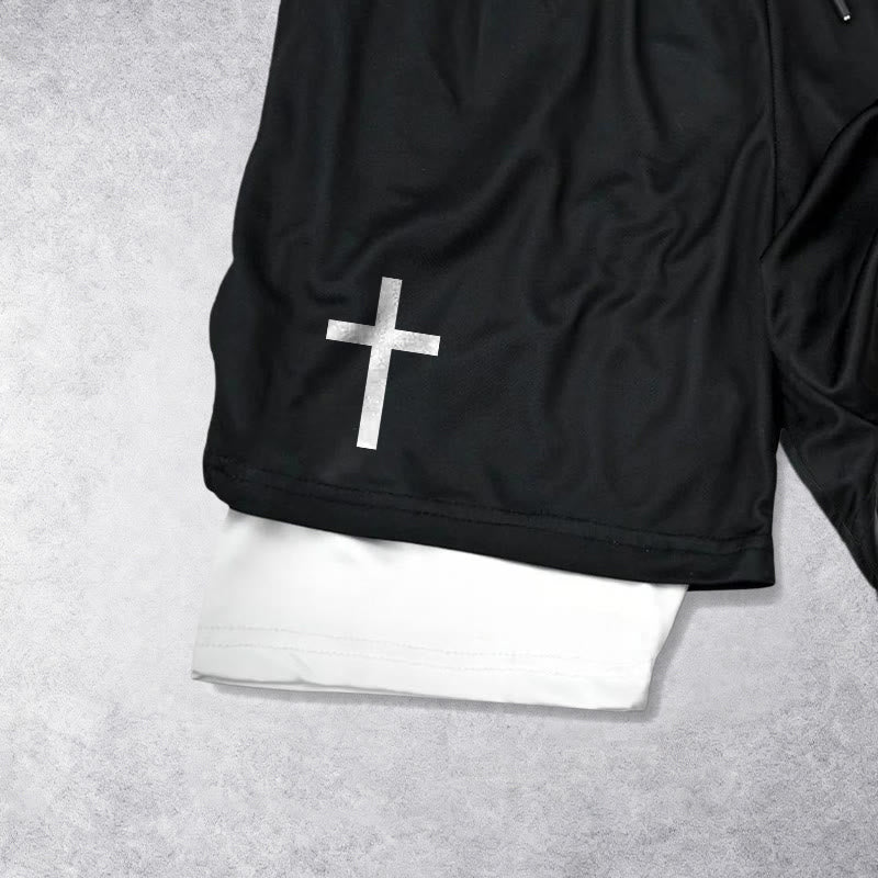 Christianartworkshop Pantaloncini sportivi a due strati con doppio simbolo di croce e motivi devozionali. - image 2