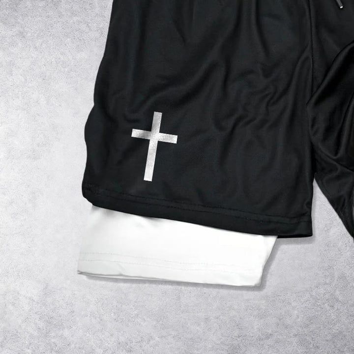Christianartworkshop Pantaloncini sportivi a due strati con doppio simbolo di croce e motivi devozionali. - image 2