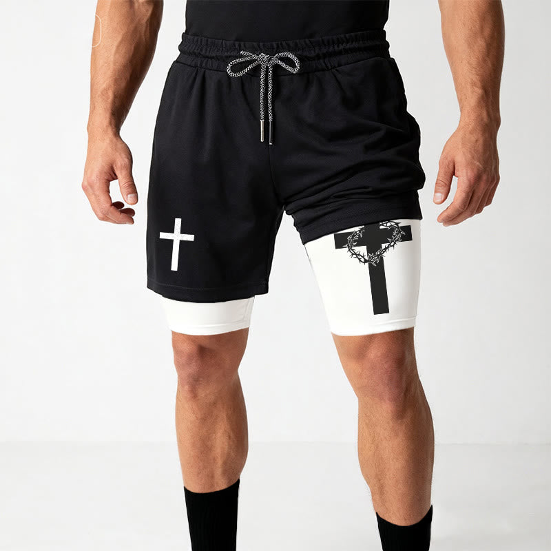 Christianartworkshop Pantaloncini sportivi a due strati con doppio simbolo di croce e motivi devozionali. - image 8