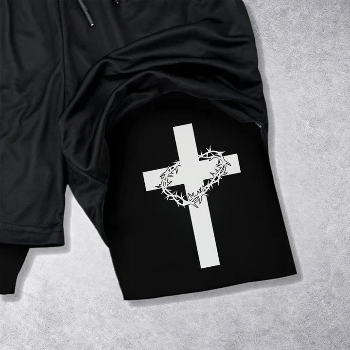 Christianartworkshop Pantaloncini sportivi a due strati con doppio simbolo di croce e motivi devozionali. - image 12